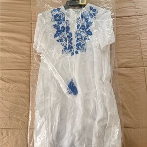 Kate Spade White Midi Dress with Blue Embroidery
